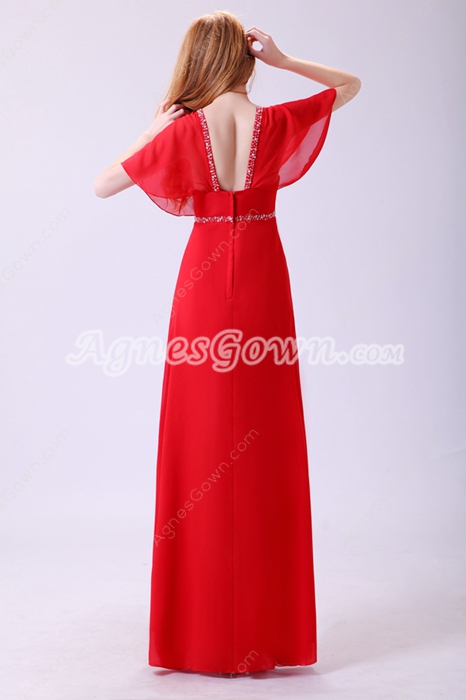 Graceful Cap Sleeves V-Neckline A-line Red Chiffon Formal Evening Dress 