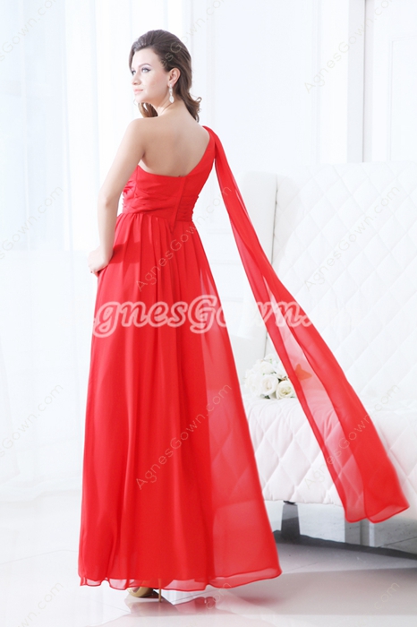 Modest One Shoulder Ankle Length Red Chiffon Junior Prom Dress With Ribbons 