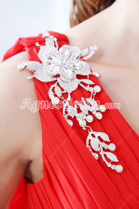 Modest One Shoulder Ankle Length Red Chiffon Junior Prom Dress With Ribbons 