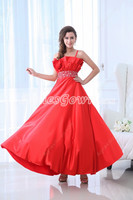 Modest Spaghetti Straps Ankle Length Red Junior Prom Dress 