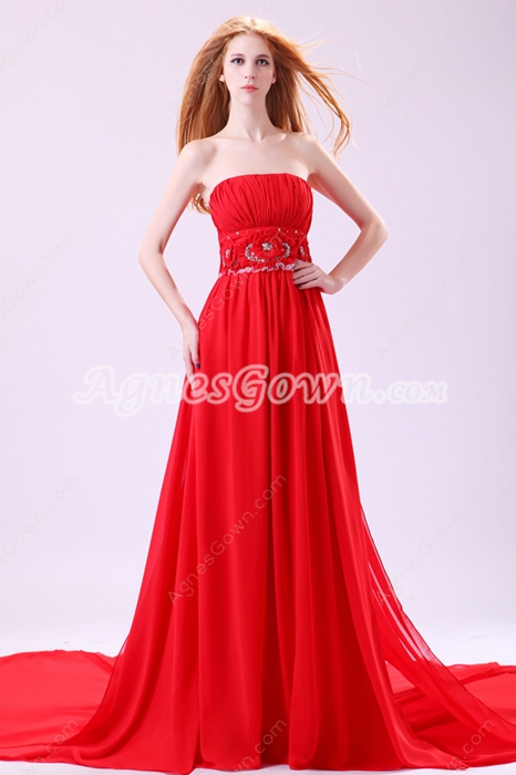 Classy Strapless A-line Full Length Red Chiffon Prom Dress With Shawl 