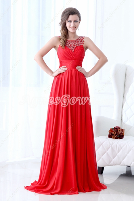 Magical Scoop Neckline A-line Red Chiffon Prom Dress Beads 