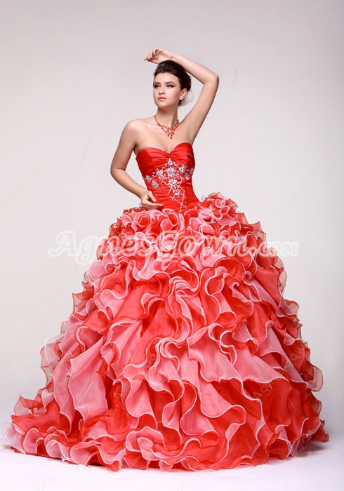 Perfect Cherry Red & White Ruffle Long Quinceanera Ball Gown Dress