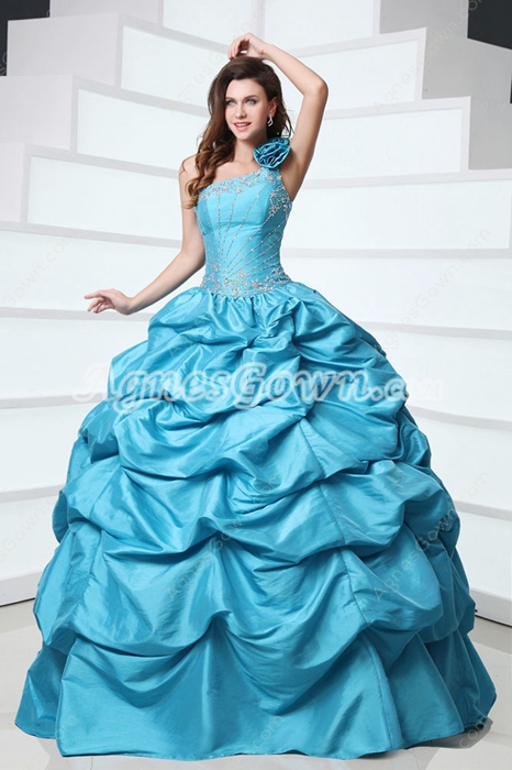 Glassy One Shoulder Ball Gown Taffeta Blue Quinceanera Dress 