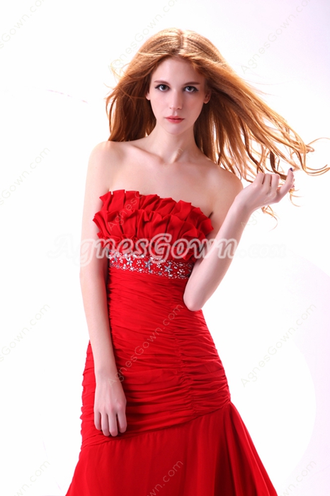 Junoesque A-line Red Chiffon Long Prom Party Dress With Diamonds 