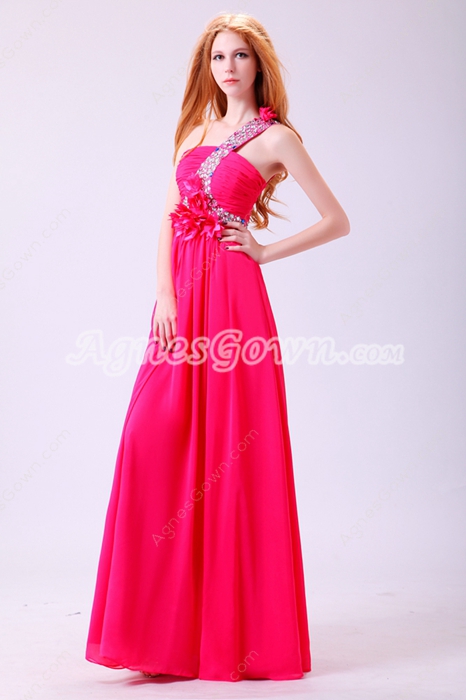 Dazzling Single Straps A-line Fuchsia Prom Dress With Handmade Flowers