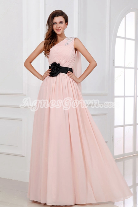 Adorable One Shoulder Column Pink Prom Dress With Black Sash 