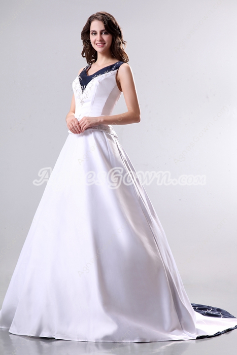 Magnificent White & Dark Navy Plus Size Wedding Dress Embroidery 