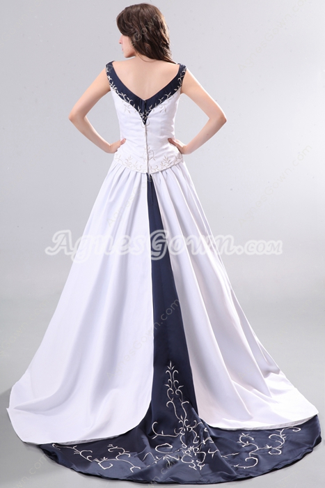 Magnificent White & Dark Navy Plus Size Wedding Dress Embroidery 