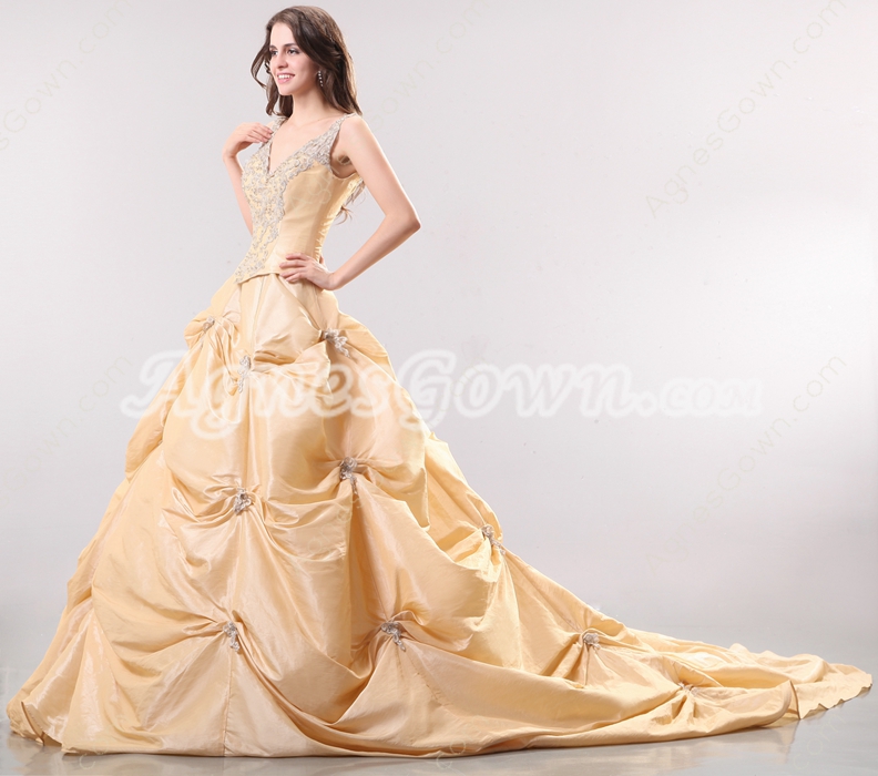 Luxurious V-Neckline Taffeta Champagne Mature Wedding Dress 