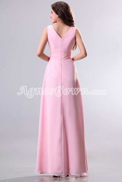 Charming V-Neckline Column Full Length Pink Chiffon Bridesmaid Dress 