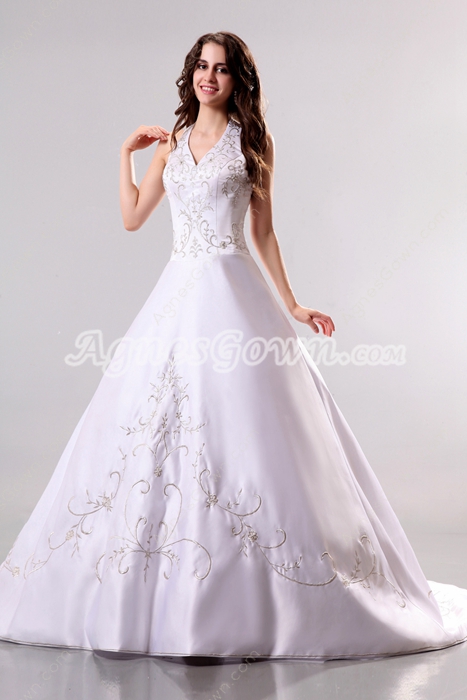 Elegant Halter White Wedding Dress With Silver Embroidery 