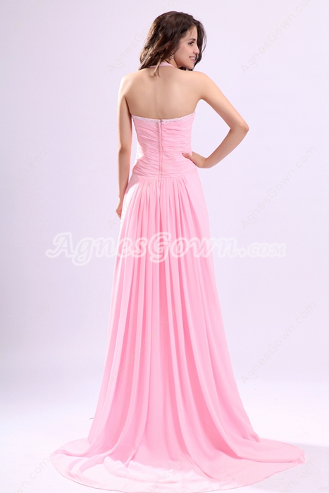 Sexy Halter A-line Pink Chiffon High Slit Evening Dress 