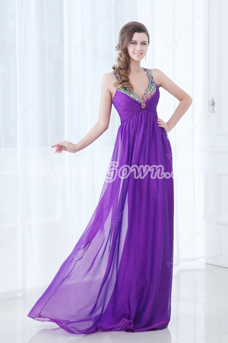 Sexy Crossed Straps Back Purple Chiffon Prom Dress