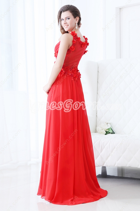 Charming V-Neckline Red Chiffon Formal Evening Dress With Pearls 