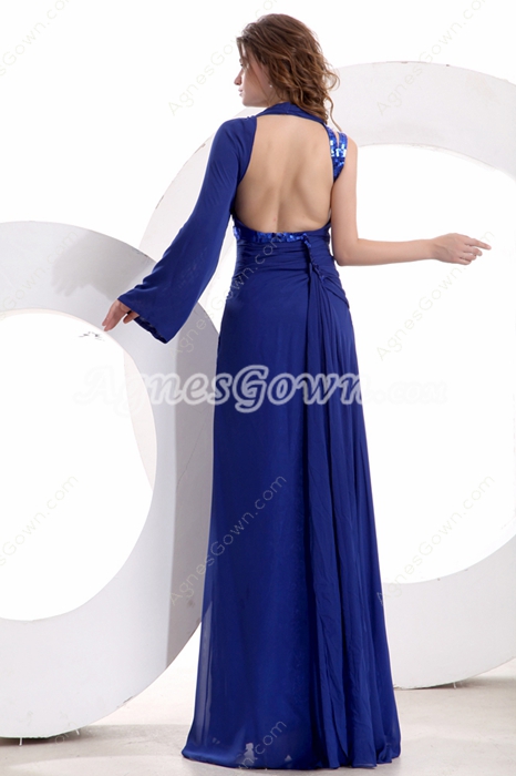 Special One Sleeves Full Length Royal Blue Cocktail Dress Front Slit 