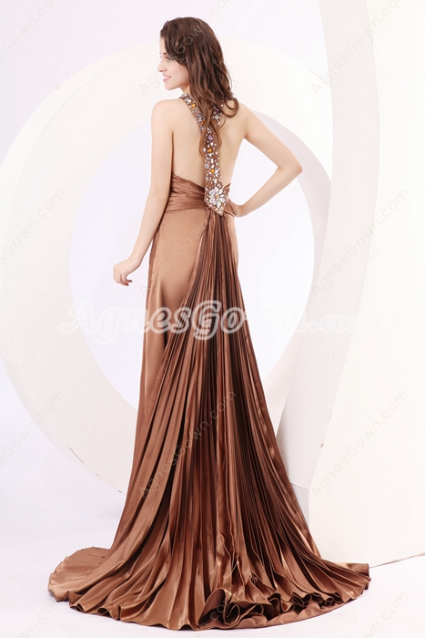 Trendy V-Neckline Brown Satin Prom Dress With Rhinestones 