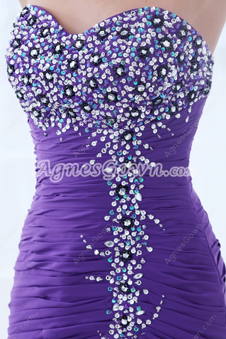 Qualified Sheath Full Length Purple Chiffon Prom Dress With Beads & Sequins