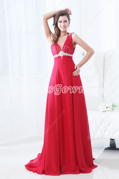 Plunge Neckline A-line Red Chiffon Sexy Prom Dress With Beads 