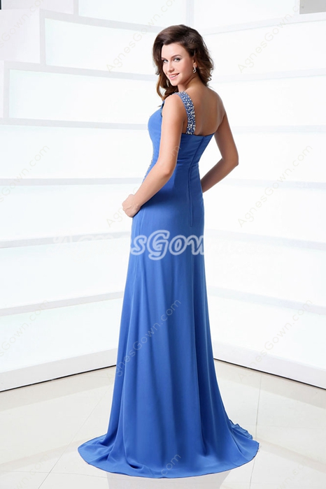 Terrific One Shoulder Royal Blue Chiffon Celebrity Evening Dress