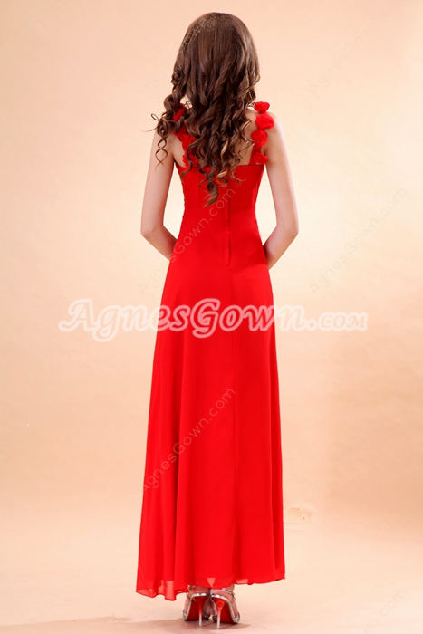 Delicate Double Straps Ankle Length Red Chiffon Junior Prom Dress 