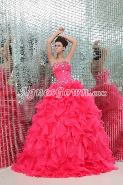 Terrific Sweetheart Hot Pink Organza Sweet Fifteen Dress 