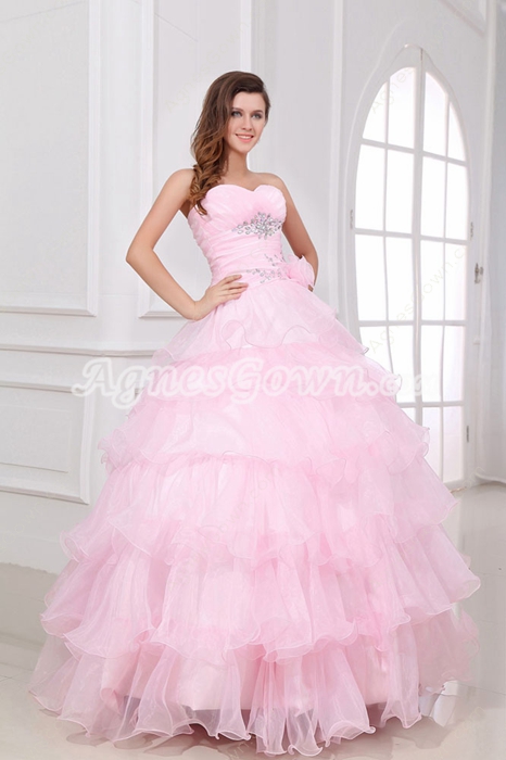 Junoesque Ball Gown Sweetheart Full Length Pink Organza Quinceanera Dress 