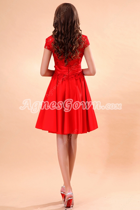 High Collar Short Sleeves Mini Length Red Homecoming Dress 