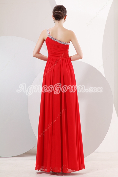 Retro One Shoulder A-line Red Chiffon Prom Party Dress 