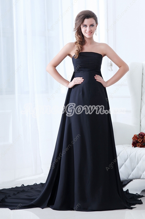 Flattering Strapless Empire Full Length Black Chiffon Plus Size Prom Dress 