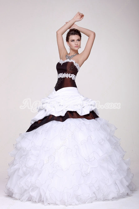 Vintage Dipped Neckline Ball Gown Brown & White Vestidos de Quinceanera Dress