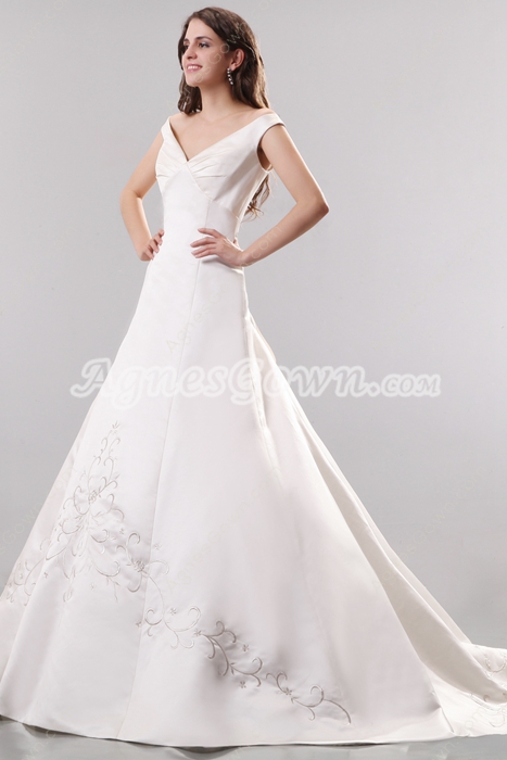 Noble V-neckline Ball Gown Satin Wedding Dress With Embroidery 