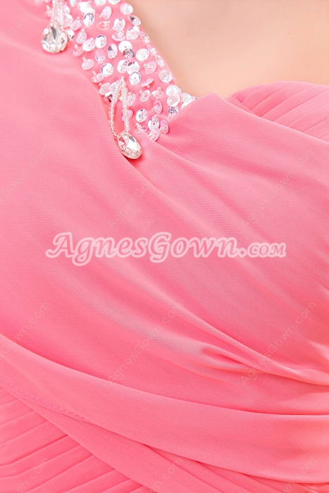 One Shoulder Short Sleeves Ankle Length Watermelon Prom Dress 