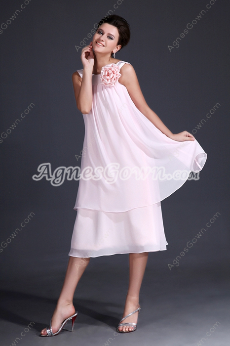 Fancy Jewel Neckline Tea Length Pink Chiffon Wedding Guest Dress 