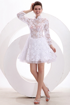 Long Sleeves High Collar White Lace Homecoming Dress 