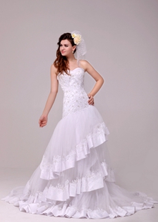 Luxury Strapless A-line Lace Wedding Dress 3 Tiered 