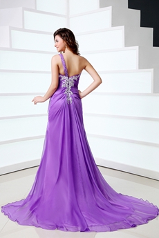 One Straps A-line Purple Chiffon Celebrity Evening Dress Front Slit 