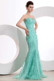 Romantic Sheath Full Length Tiffany Blue Lace Evening Dress 