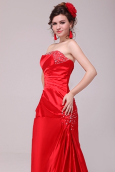 Strapless A-line Red Satin Long Formal Evening Dress Dropped Waist 