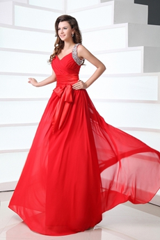 V-Neckline A-line Red Chiffon Formal Evening Dress 