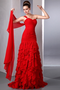 Impressive One Straps Red Chiffon Mermaid Prom Gown 