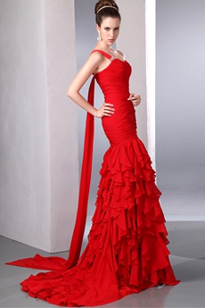 Impressive One Straps Red Chiffon Mermaid Prom Gown 