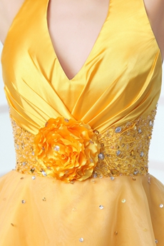 Top Halter Puffy Mini Length Gold Quinceanera Dress For Damas 