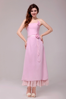 Affordable Column Tea Length Pink Chiffon Junior Bridesmaid Dress 