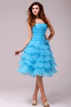 Sassy Strapless Knee Length Turquoise Blue Organza Sweet Sixteenn Dress 