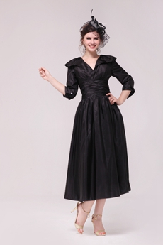 3/4 Sleeves V-Neckline Tea Length Black Mother Of The Groom Dress 