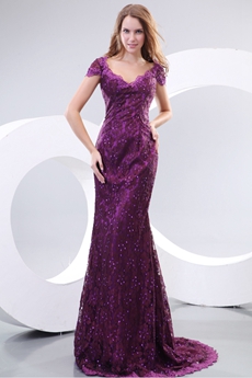 V-Neckline Cap Sleeves Purple Lace Mother Of The Bride Dress 