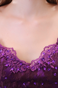 V-Neckline Cap Sleeves Purple Lace Mother Of The Bride Dress 