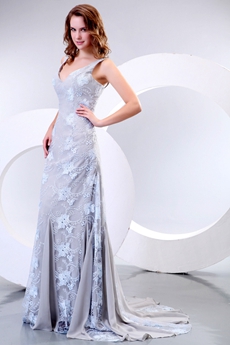 Spaghetti Straps A-line Silver Gray Lace Prom Dress 