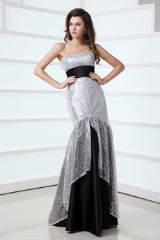Fashionable Strapless Silver & Black Prom Dress Sparkled 